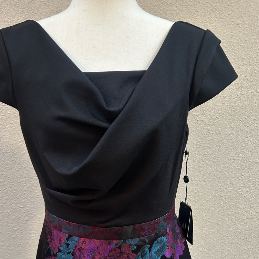 Adrianna Papell Floral Black Dress with Cap Sleeves Size 6 - Picture 2 of 7